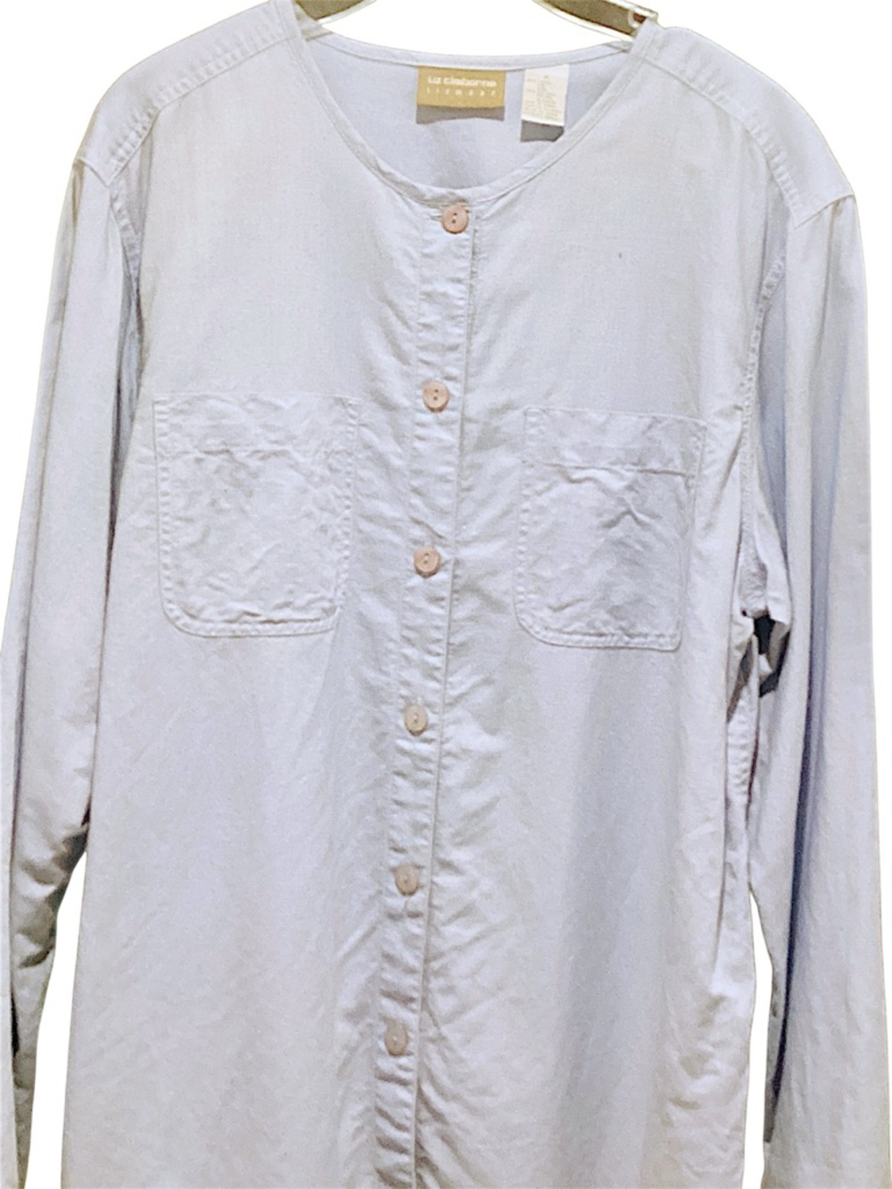 Lizwear Blue Button-Front Long Sleeve Shirt Jacket, Cotton Linen Woven, Medium
